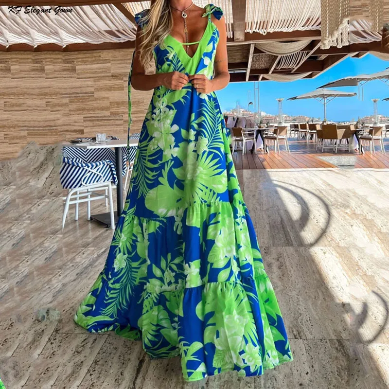 

2024 Summer New Fashion Print V-neck Beach Long Sundresses Slinges for Women Asymmetrical Dress Party Short Sizes Denim Sundress