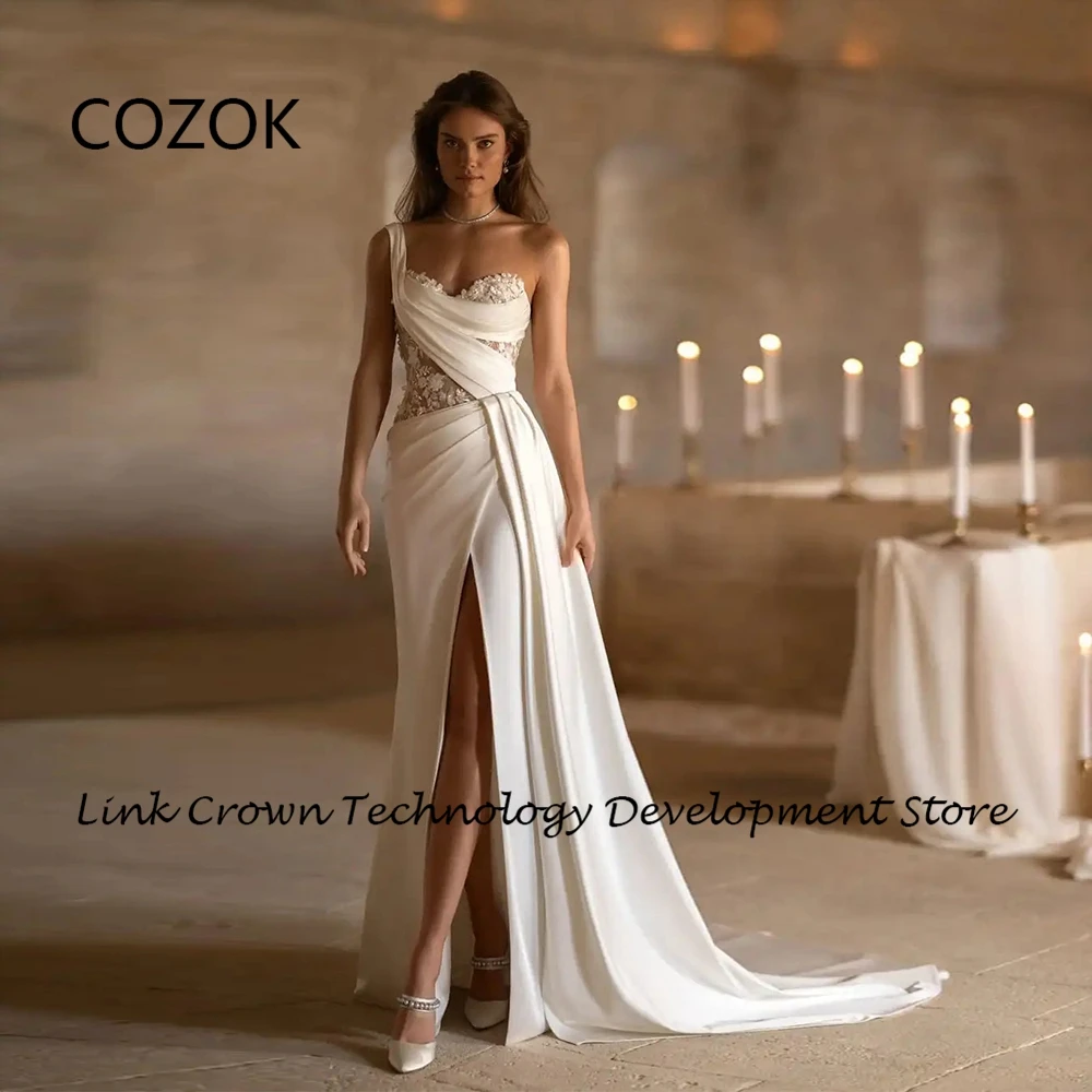 

COZOK Ivory Strapless Side Slit Wedding Dresses for Women 2024 Summer New Jersey Court Train Bridal Gowns Lace Vestidos De Novia