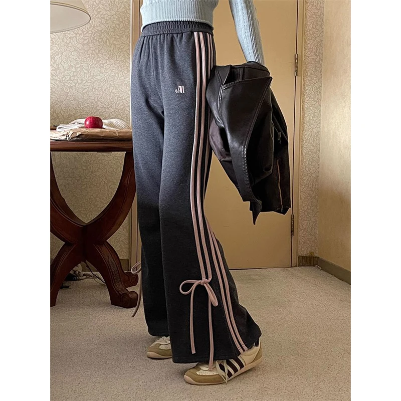 

MEXZT Y2K Striped Sweatpants Women Bow Bandage Slit Wide Leg Pants Streetwear Korean Baggy Joggers Sweet Casual Sports Trousers