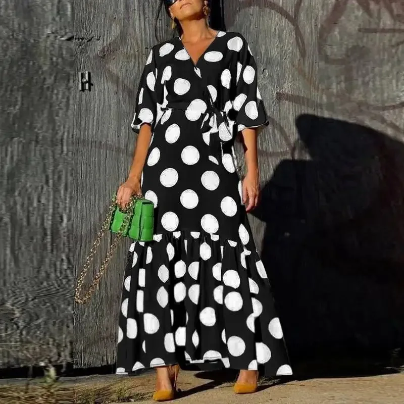 

Women Elegant Polka Dot Print Bohemian Dress 2024 Spring V Neck Lace-up Pleated Long Dress Summer Short Sleeve A-Line Maxi Dress