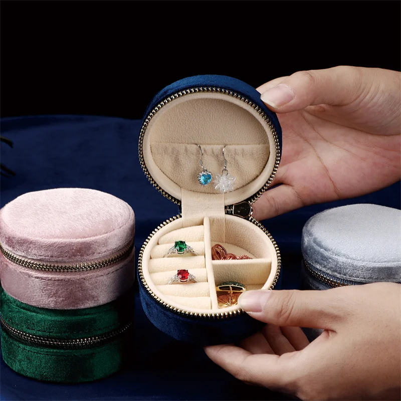 

Velvet Round Zipper Jewelry Box Ring Box Convenient Travel Flannel Ear Studs Necklace Ring Jewelry Storage Box Earring Organizer