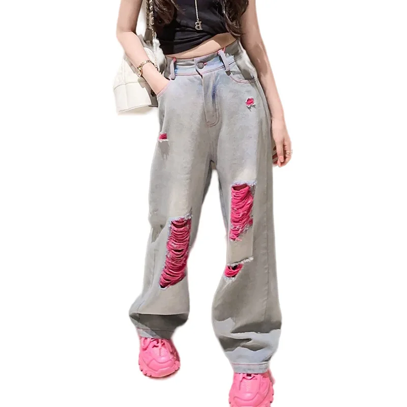 

Jeans Pants Summer Denim Wide Leg Ripped Holes Teenage Girls Kids Clothes Streetwear Korean Distressed Holes 4 to 16 yrs