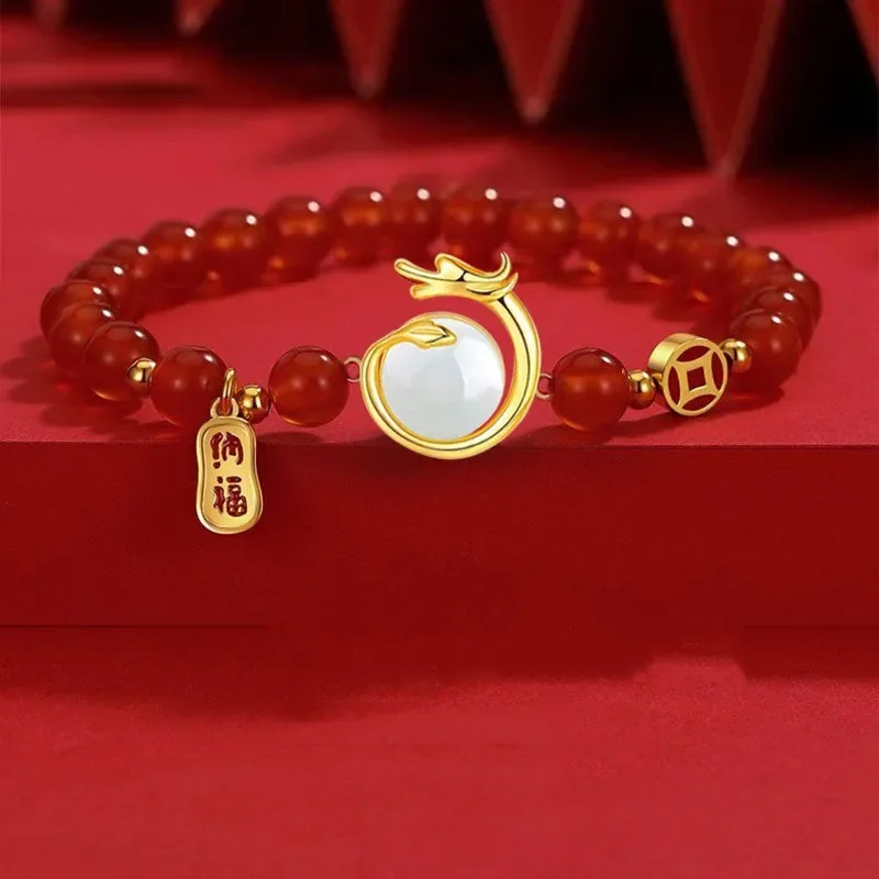Bracelet dragon du zodiaque de style chinois pour femmes et hommes, apporte richesse, santé et bonne chance, bracelet de couple perlé rouge, bijoux Gi, 2024 2