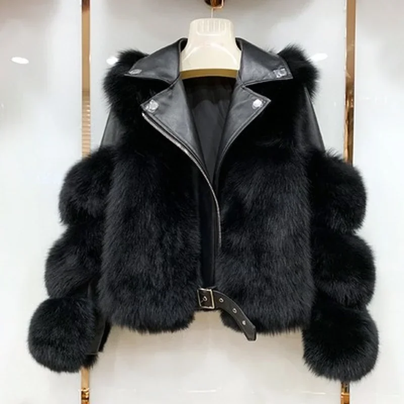 

Fashionable warm short fox fur coat and sheepskin leather full fox fur motorcycle jacket luxury women's 2022 winter new
