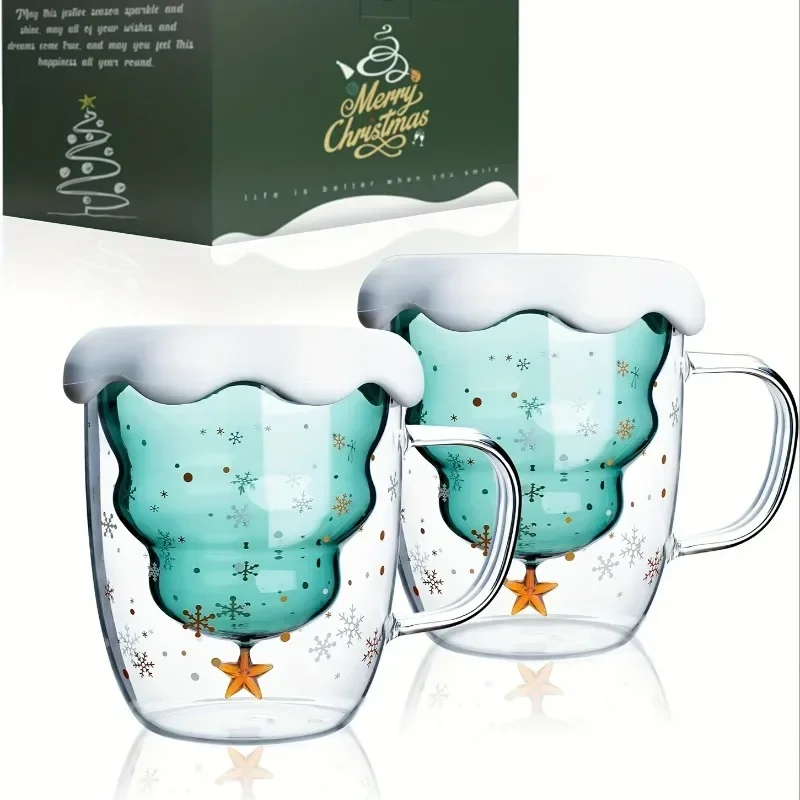 

1 шт., кофейная кружка с рождественской елкой, стеклянные кофейные чашки с двойными стенками, теплоизолированные чашки для воды, летняя зимняя посуда для напитков, рождественские подарки