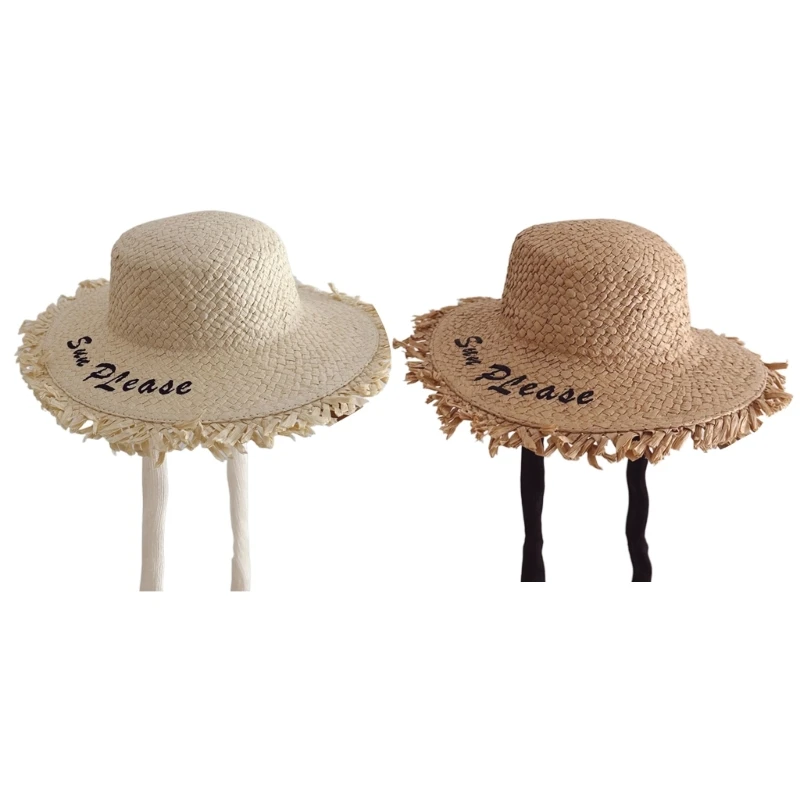 

Sun Protections Beach Hats Kids Summer Straw Hat for Girl Sun Hat Toddlers Breathable Embroidery Letter Large Brim Caps