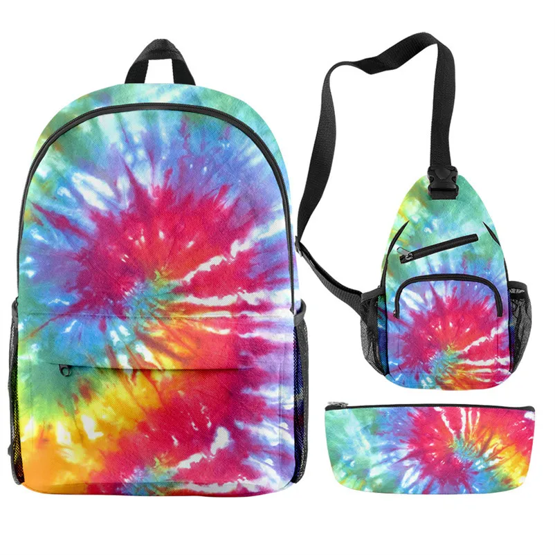 

Harajuku Popular Funny Tie Dye Spiral Colorful 3D Print 3pcs/Set pupil School Bags Travel Laptop Backpack Chest Bag Pencil Case