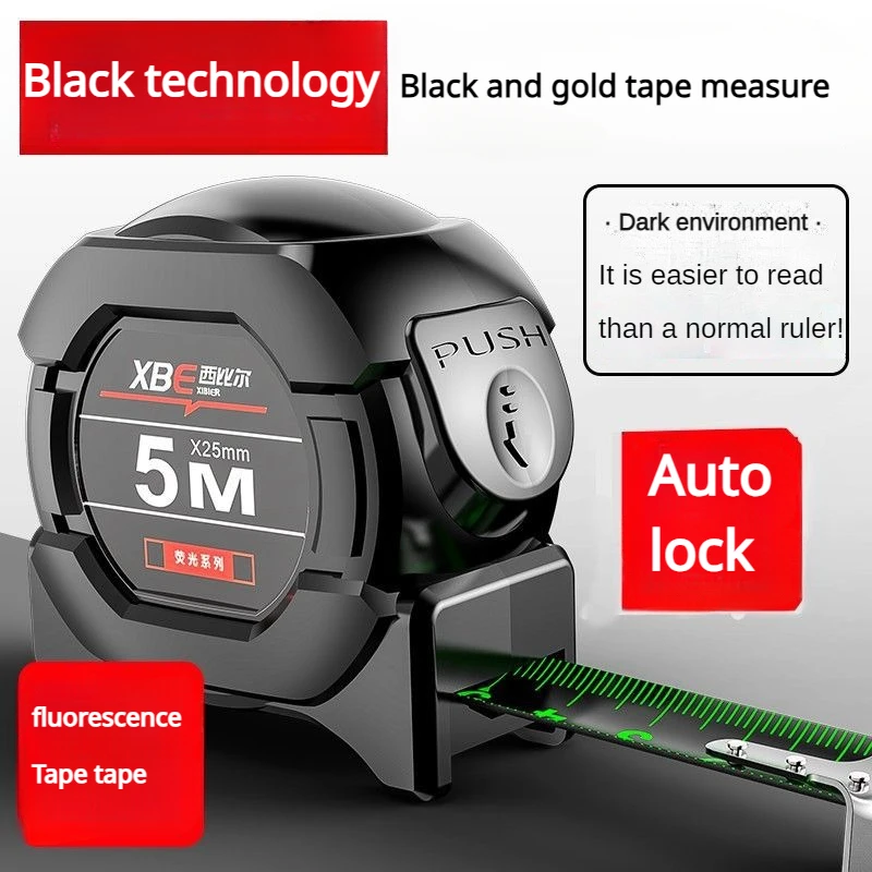 

10M High precision Thickened Wear-resistant Fall resistant Measuring Tape Self locking Steel Tape measure black Fluorescent tape