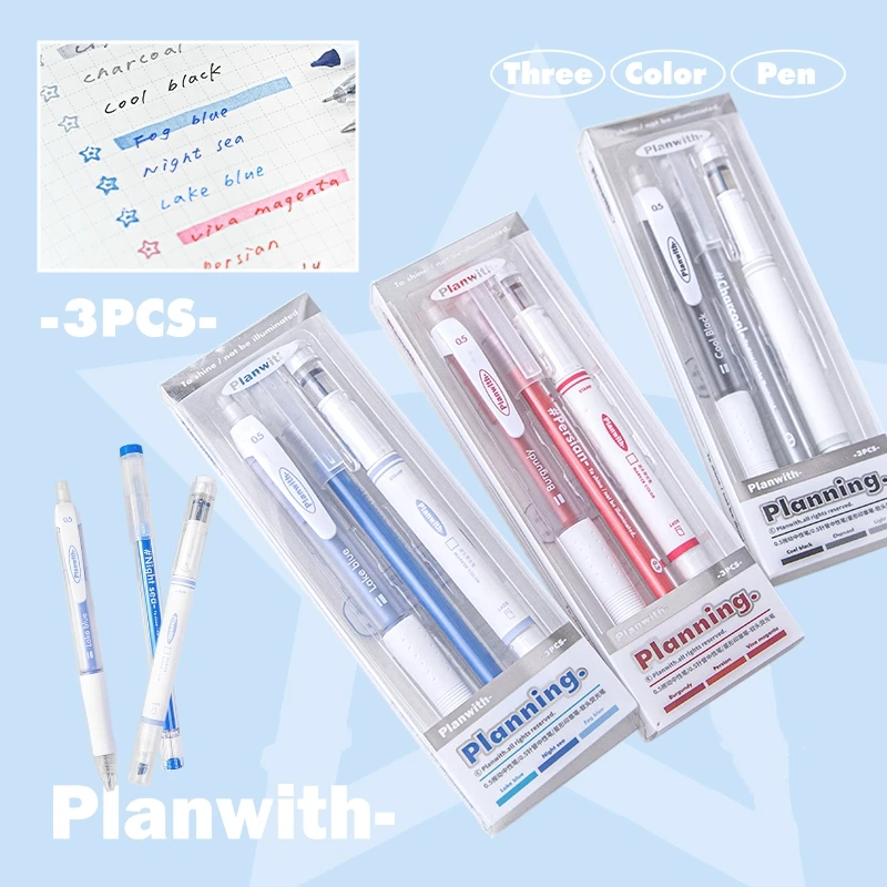

3pcs Planning Writing Pens Set 0.5mm Ballpoint Black/Blue/Red Color Gel Ink & Highlighter Marker School A7516