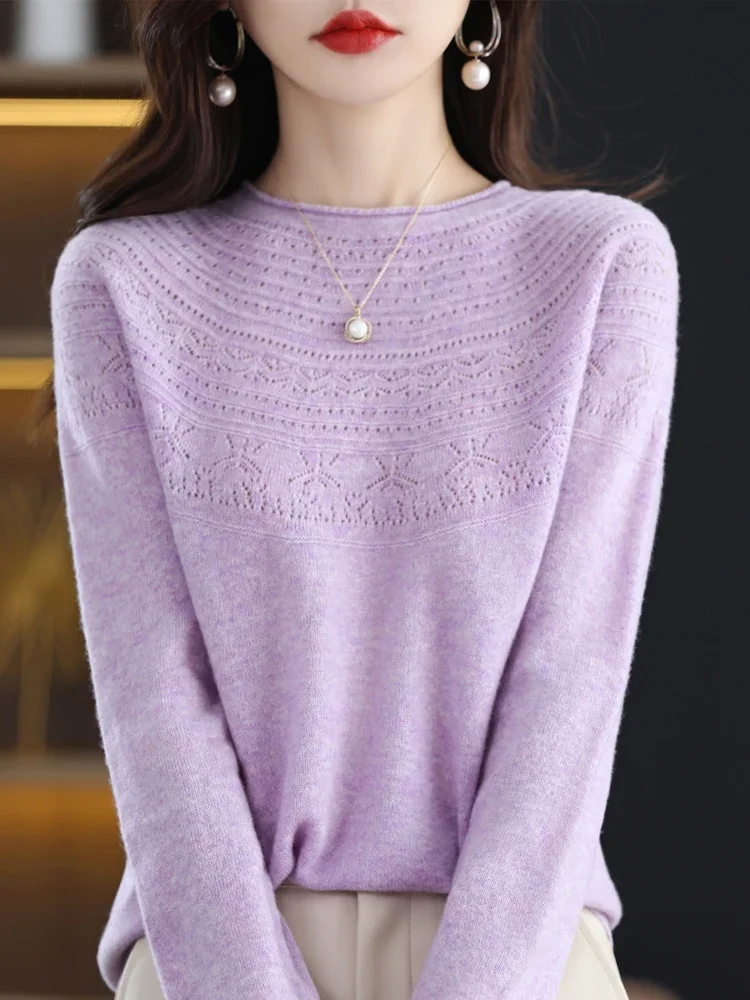 

100% Merino Wool Sweater Women Autumn Pullovers O-Neck Hollow Long Sleeves Cashmere Knitwear Female Basic Bottoming Shirt New