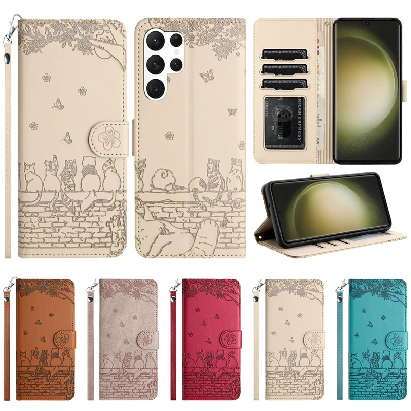 

Wallet Cat Embossed Flip Over Leather Case For Samsung Galaxy S24 S24 Ultra S24 Plus S23 FE A05S Magnetic Anti Drop Leather Case