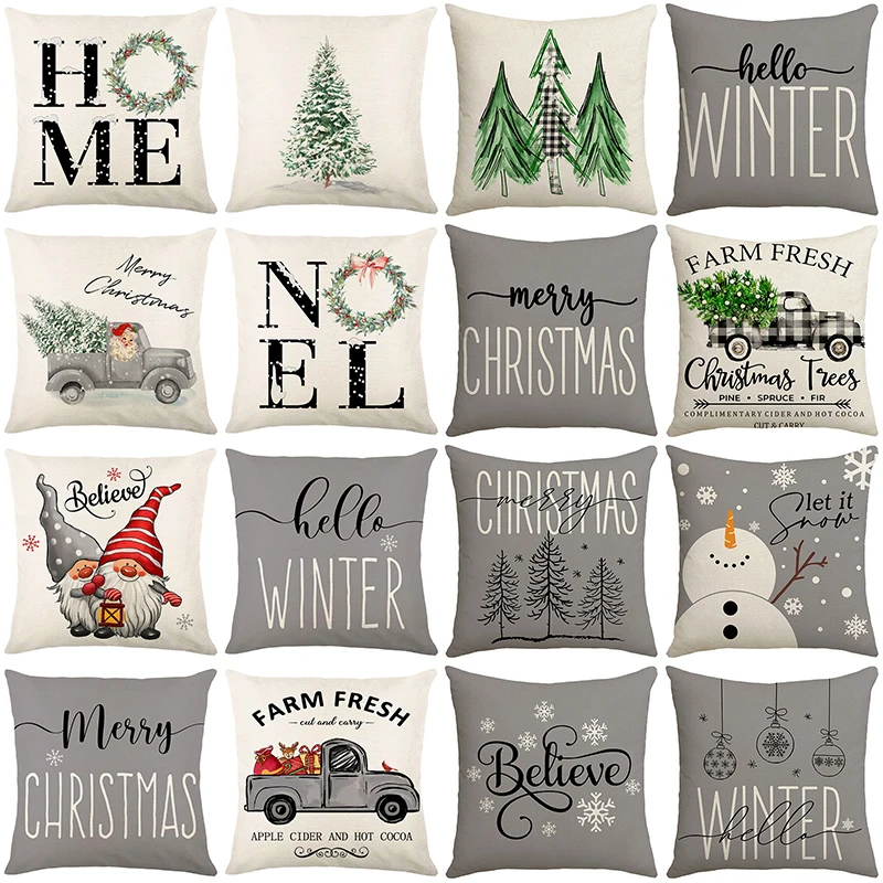 

Christmas Decor Pillowcase 45x45cm Holiday Farmhouse Home Decorative Cushion Cover Cute Dwarfs Reindeer Print Linen Pillow Cover