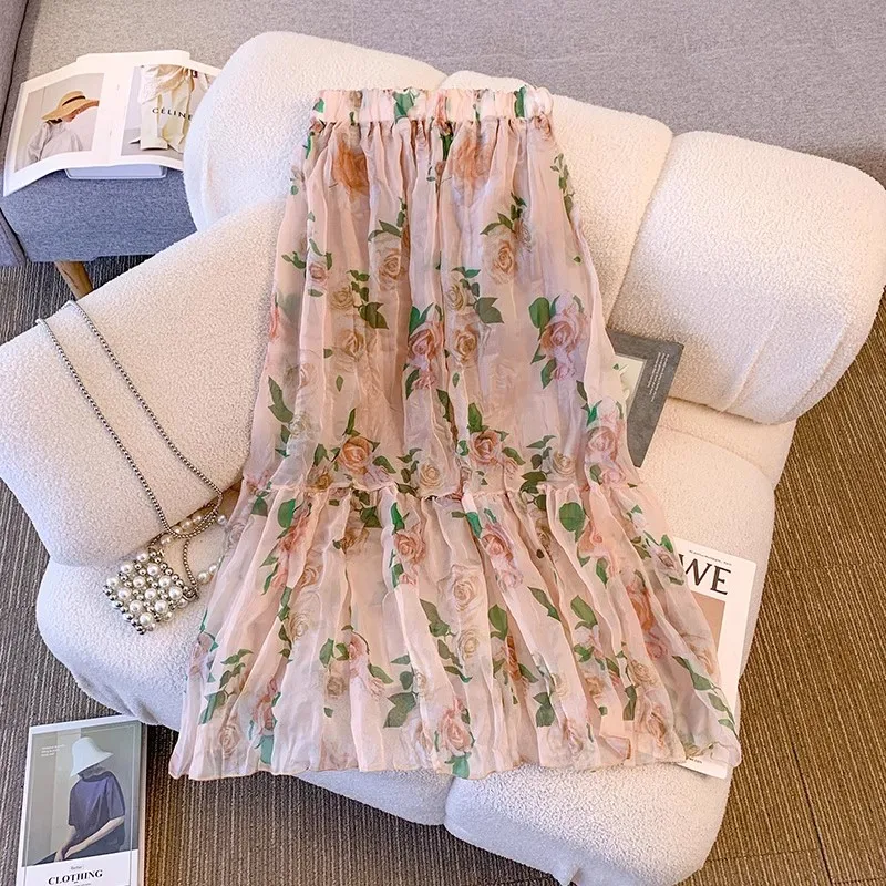 

2024 New Elegant Boho Chiffon Floral Skirt Women Clothes Summer High Waisted A-line Yarn Skirt Pear Shaped Pleated Skirts