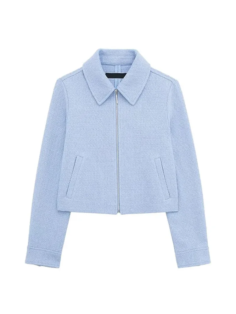 

HH TRAF 2024 Spring Casual Lapel Cropped Jacket for Woman Fashion Long Sleeves Pockets Zipper Coats Female Chic Blue Outerwear