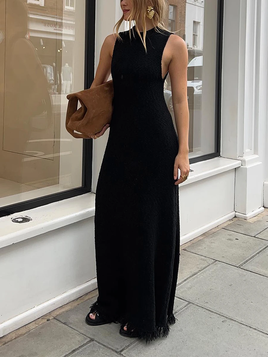 Women Summer Casual Long Dress Solid Color Tassel Hem Round Neck Sleeveless Dress Beach Holiday Knit Dress
Women Summer Casual Long Dress Solid Color Tassel Hem Round Neck Sleeveless Dress Beach Holiday Knit Dress