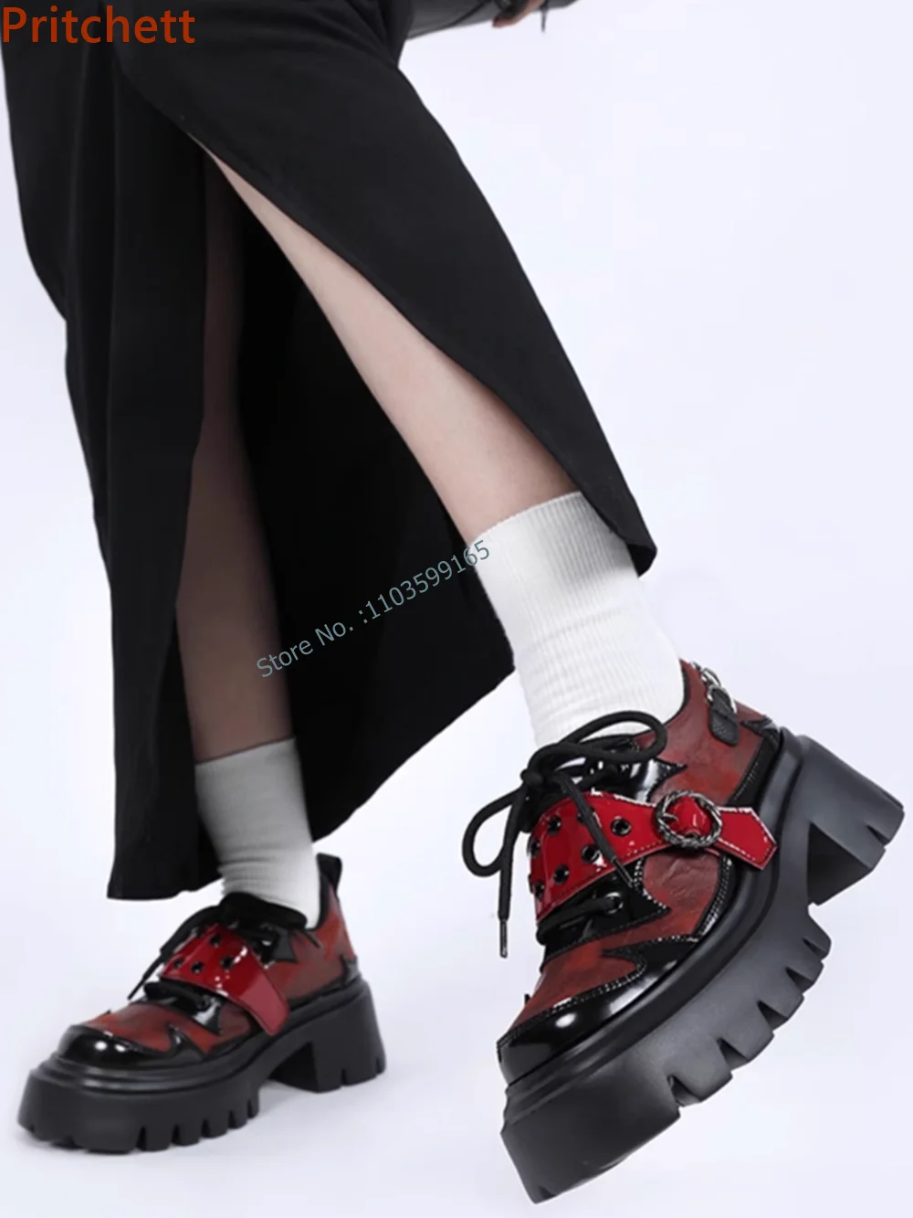 

Platform Mixed Color Pumps Round Toe Thick Soled Shallow Lace Up Buckle Strap Black Red Punk Shoes Gothic Style Concise Shoes