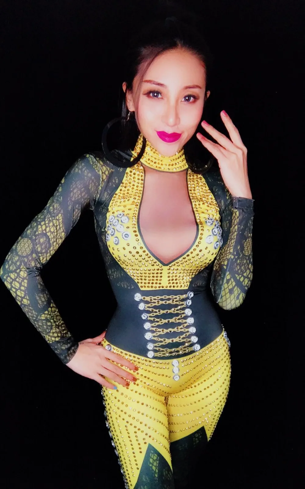 

DJ Female Singer DS Costume Yellow Rhinestones Jumpsuit Sexy Stretch Leotard Crystal Rompers Dancer Jazz Stage Outfit