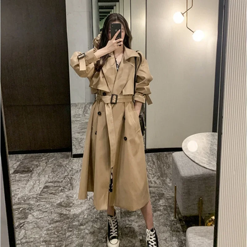 

Autumn Womens Vintage Double Breasted Long Trench Jacket with Belt Female Turn Down Collar Windbreaker Winter Coat for Women FR