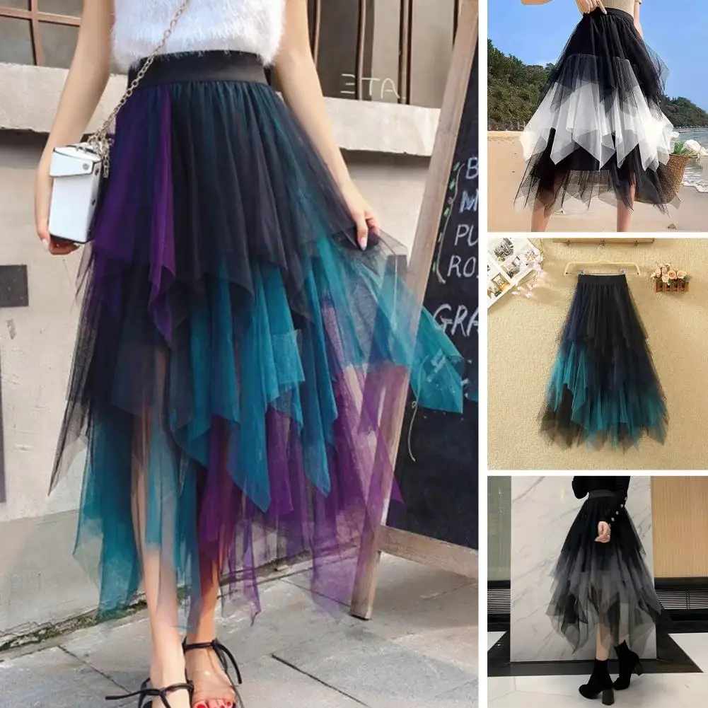 

Gradient Color Gauze Skirt Colorful Mesh Multi-layered Midi Skirt with High Elastic Waist for Women Irregular Soft Pleated Lady