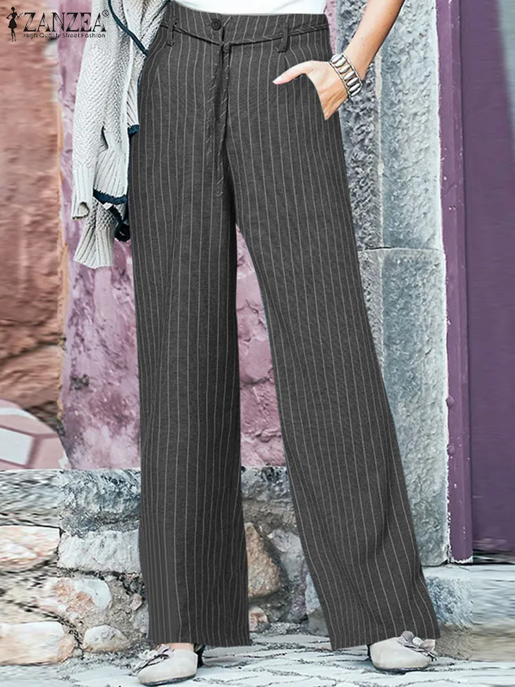 

ZANZEA Female Long Pant Work Overall Bohemian Vintage Striped Pants Women High Waist Pantalon Fashion Autumn Wide Leg Trousers