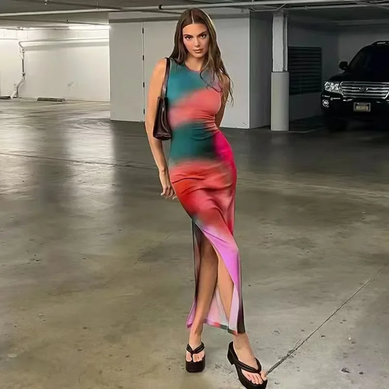 

Dye Print Ribbed Midi Dress For Women Summer Outfits Bodycon Side Slit Y2K Outfits Sexy Streetwear Long Dress Sleeveless dress