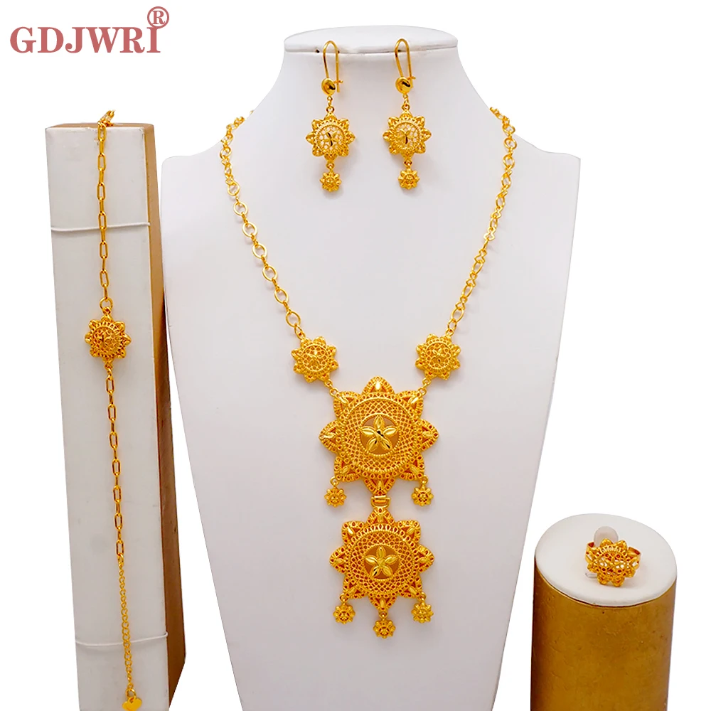 Fashion Indian Dubai Gold Color Long Necklace Earrings Ring Bracelet Jewelry Set Ethiopian African Jewellery Bridal Party Gifts
Fashion Indian Dubai Gold Color Long Necklace Earrings Ring Bracelet Jewelry Set Ethiopian African Jewellery Bridal Party Gifts