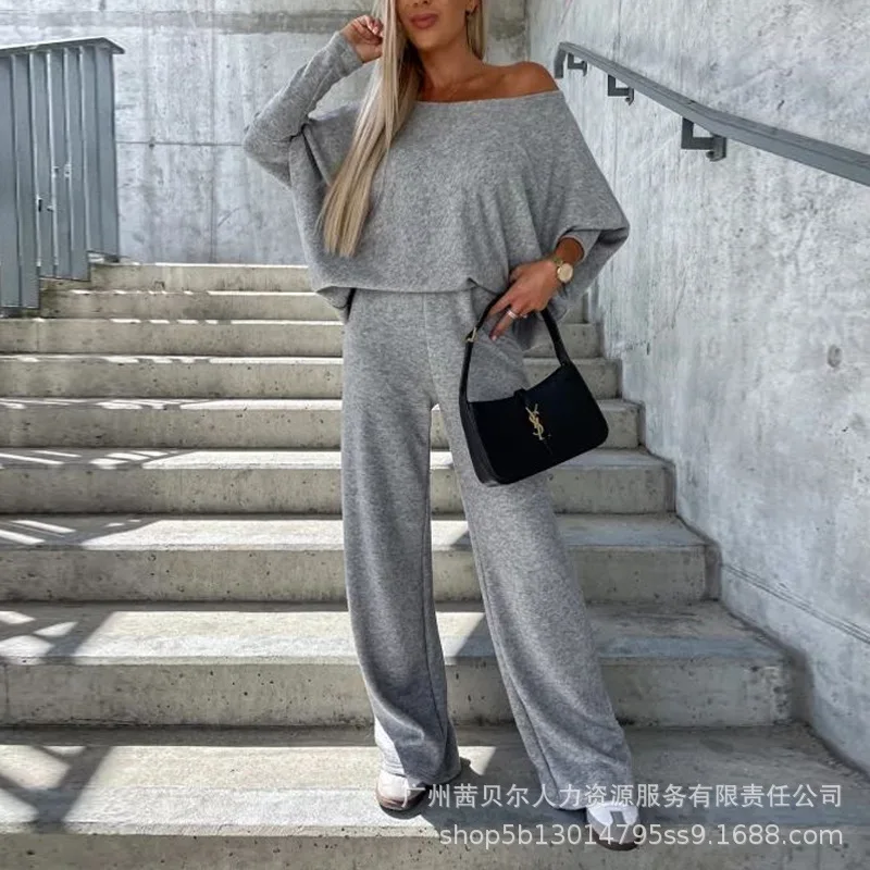 

Skew Neck Batwing Sleeve Top & Pants Set Women Elegant 2023 Two Piece Sets Full Sleeve Tops Casual Loose Slim Long Pants Set