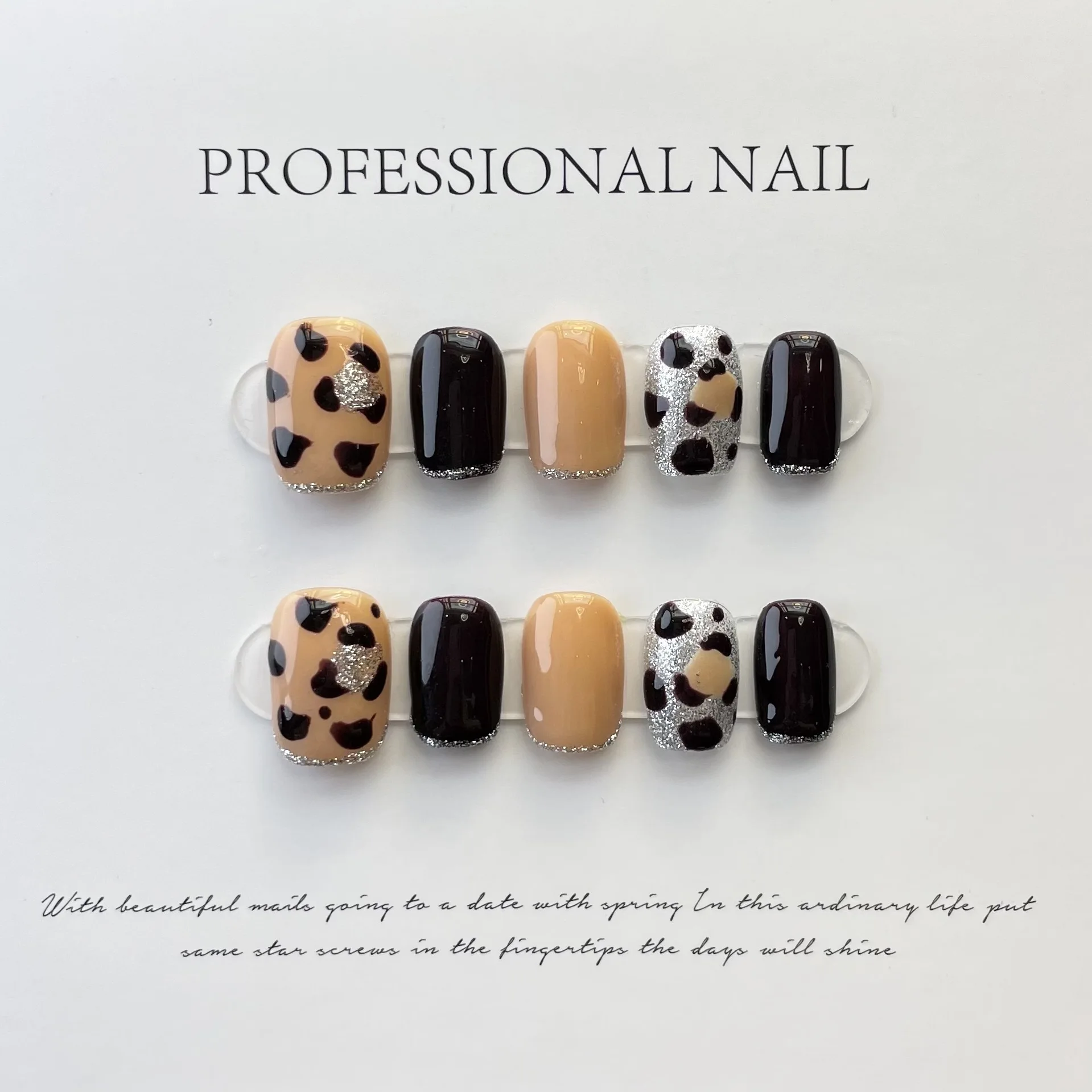 

431-445 Number Leopard Print Handmade French Fake Nails Full Cover Professional Wearable Advanced Ballet Press On Nail With Glue