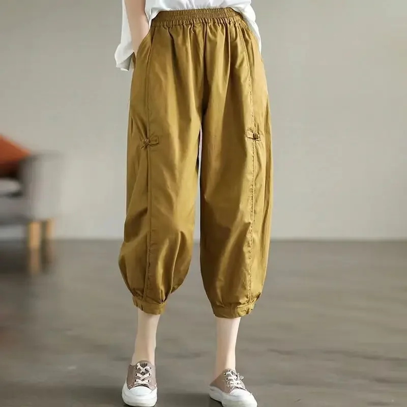 

Women's Clothing Summer Vintage Fashion Cotton Thin Capris Casual High Waist Loose Harem Pants Solid Cropped Trousers Pantalones