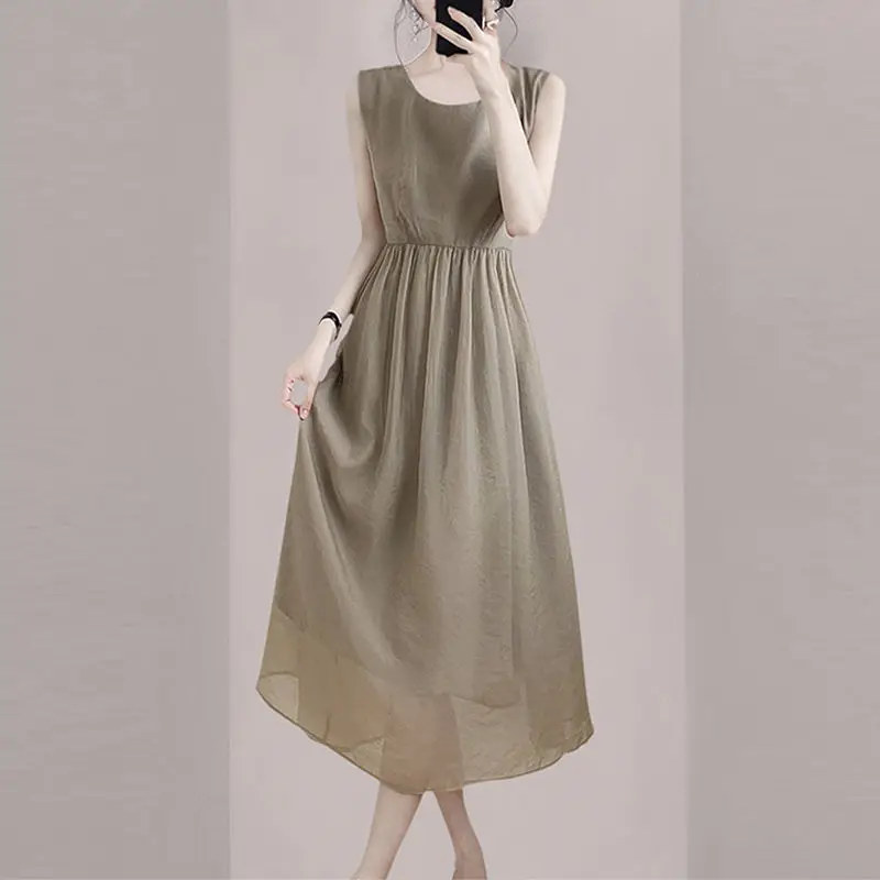

Fashion O-Neck All-match Shirring Solid Color sleeveless dress Women's Clothing 2024 Summer New Loose Office Lady midi dress