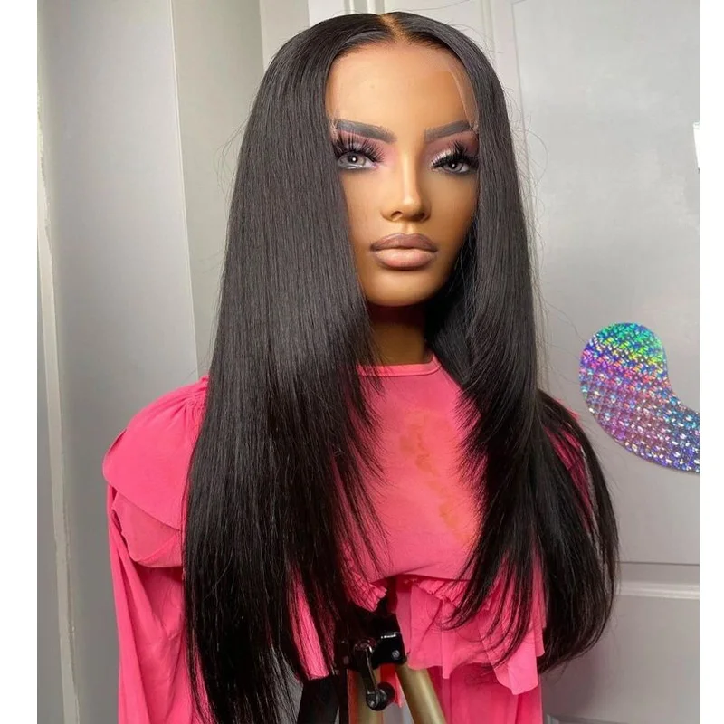 

Soft Black Glueless Free Part 13*4 Lace Front Wig Layered 26Inch 180% Density Long Preplucked Silky Straight For Women Baby Hair