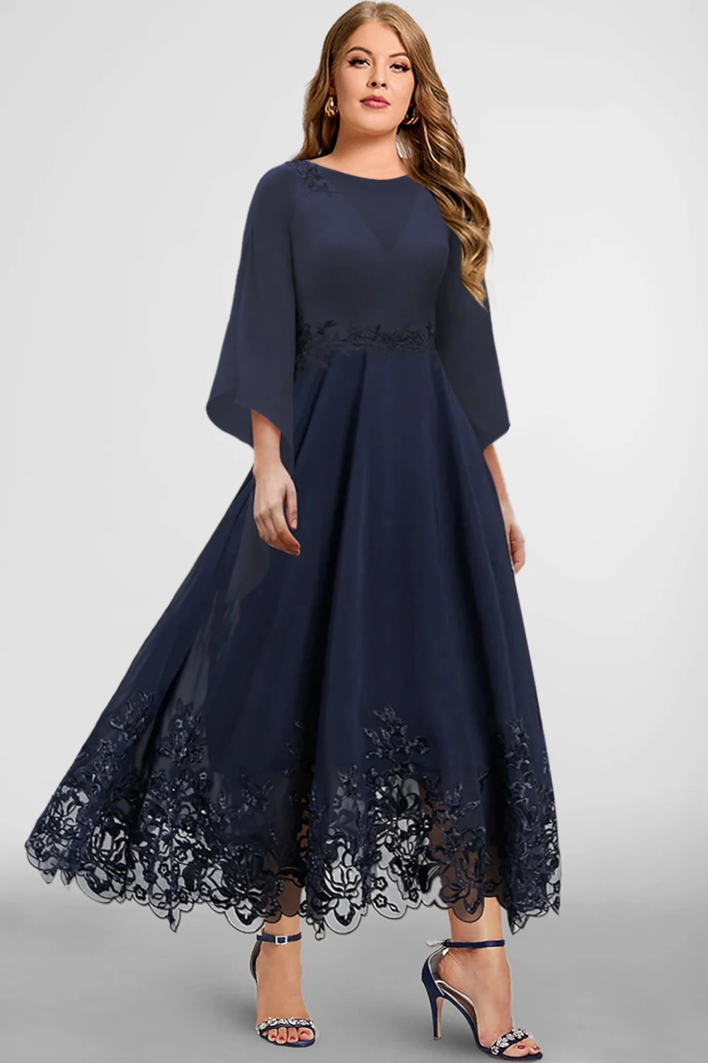 

Plus Size Semi Formal Navy Blue Chiffon Lace Stitching 3/4 Sleeve Tunic Maxi Dress Classic Wedding Big Swing A-Line Dress 2024