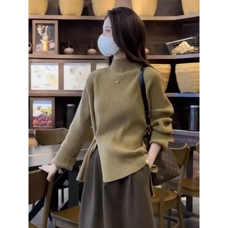 

Turtle Neck Pullovers Women Knitted Tops Side-slit Korean Style Tender Fashion Simple Solid Female All-match Leisure Ladies Chic