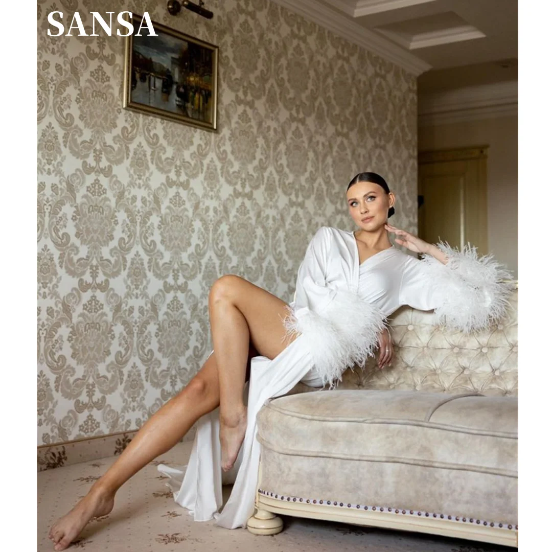 

Sansa A-line Chiffon Prom Dress White Wedding Dresses Elegant Long Sleeves with Feathers Long Train Vestidos De Fiesta 2024