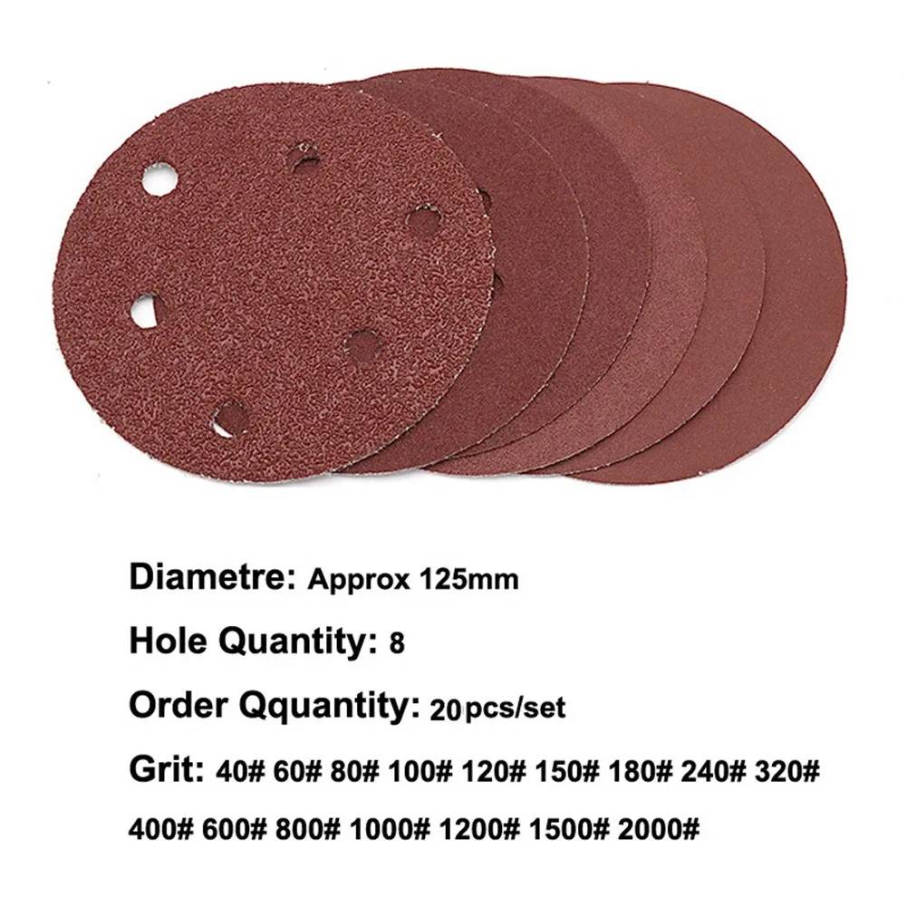 20 Pcs 5Inch 125mm Round Sandpaper 8 Holes Disk Sand Sheets Grit 40-2000 Hook And Loop Sanding Disc Abrasives For Polish
20 Pcs 5Inch 125mm Round Sandpaper 8 Holes Disk Sand Sheets Grit 40-2000 Hook And Loop Sanding Disc Abrasives For Polish