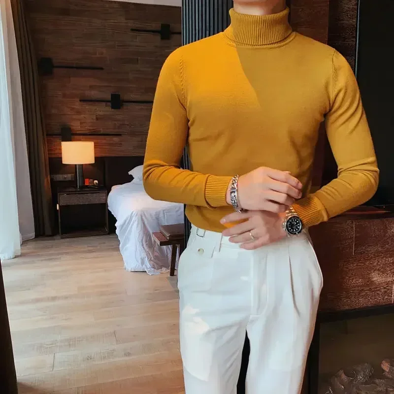 

Knitted Sweaters for Men Turtleneck Overfit Pullovers Man Clothes White Plain Solid Color High Collar Korean 2023 Autumn Elegant