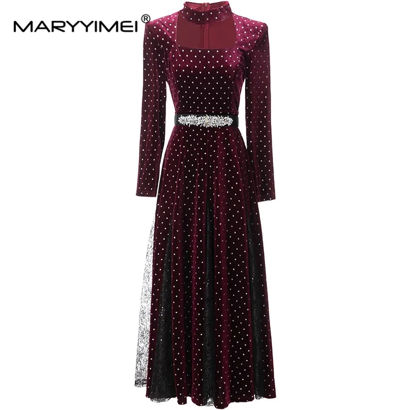 

MARYYIMEI New Fashion Runway Dress Women's Half High Collar Long Sleeves With Crystal Belt Polka Dot Pattern Lace Slim Dress
