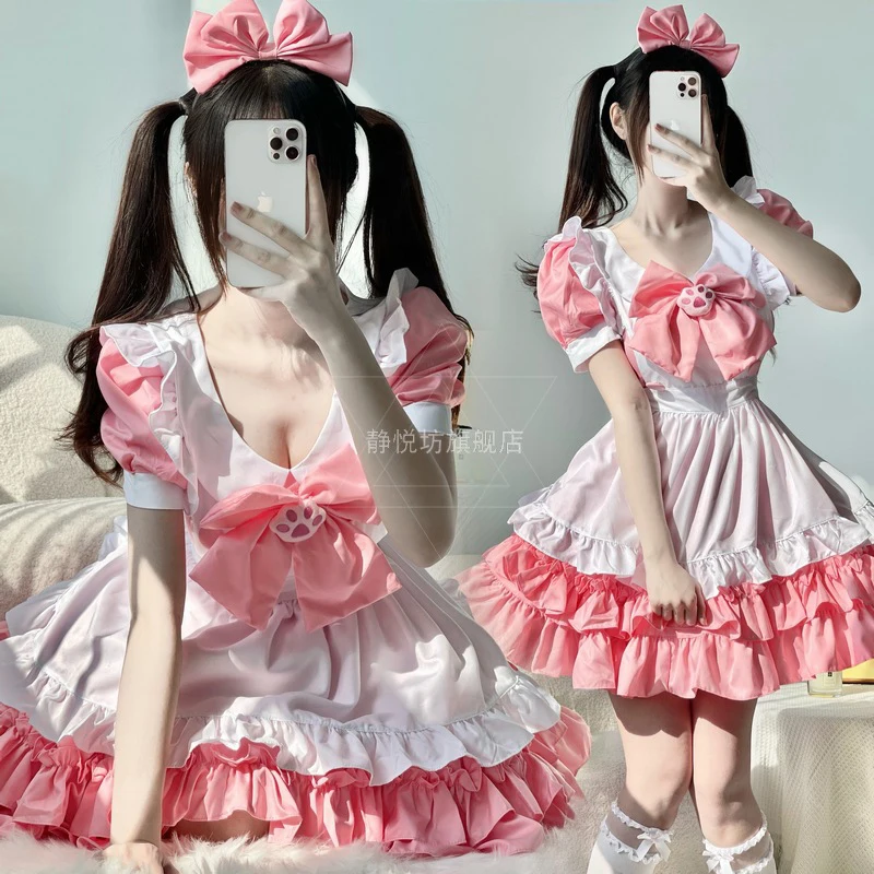 

Sexy Plus Size Maid Cosplay Low Cut Suit Alice Pink Cat Bow Dress Lovely Princess Lolita Soft Girl Attire Disfraz Anime