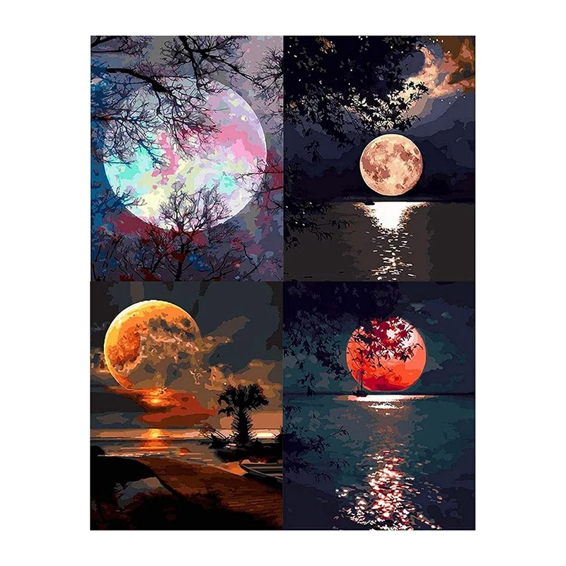 

4 Pcs Painting By Numbers For Adults,Moon DIY Oil Painting On Canvas For Home Wall Decor Without Frame 40 X 50Cm