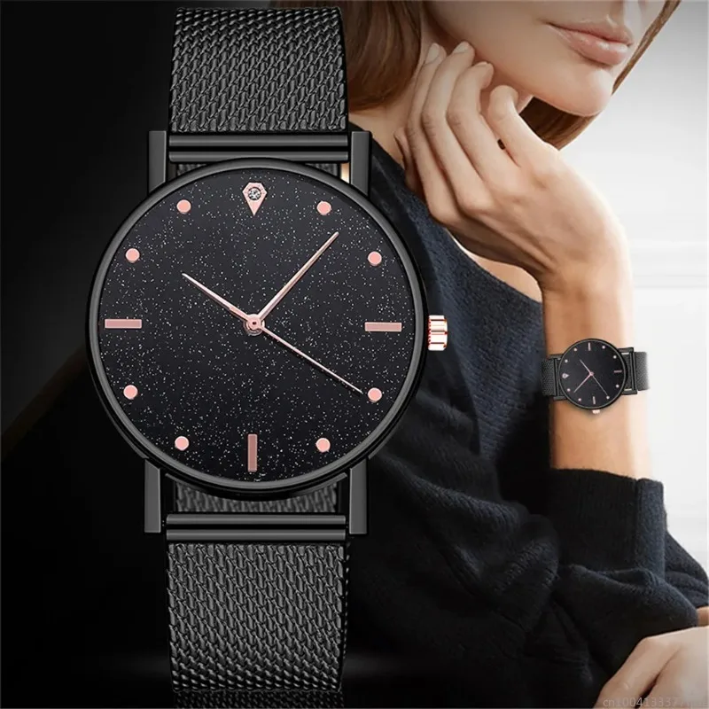 

Black Women Watches Starry Sky Mesh Silicone Strap Woman Fashion Quartz Wristwatch Dropshipping Ladies Clock Sale Simple Relogio