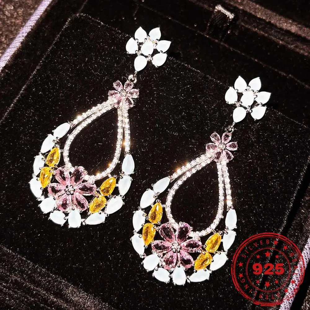 

HOYON Vintage Style S925 Silver White Earrings Lemon Yellow Gem Exaggerated Long Zircon Female Earrings Party Jewelry Gift Box