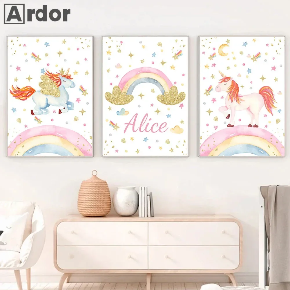 

Custom Name Wall Art Canvas Poster Stars Rainbow Art Prints Unicorn Painting Pictures Nursery Posters Baby Kids Room Decoration