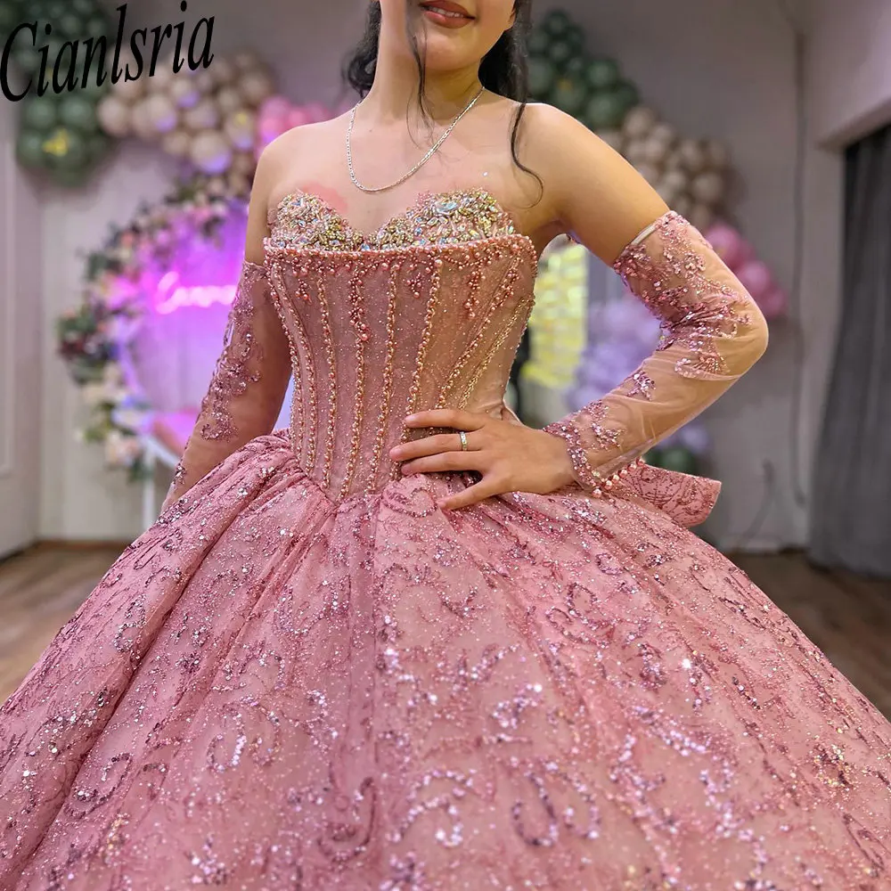 

Pink Glitter Crystal Sequined Ball Gown Quinceanera Dresses Strapless Pearls Beading Corset Sweet 15 Vestidos De 15 Años