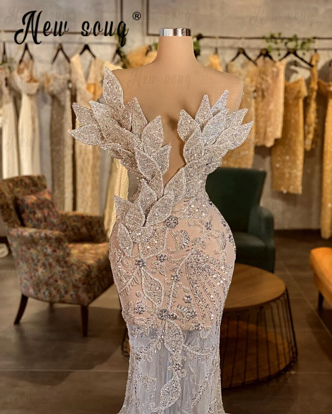 

Luxury Long Mermaid 3D Leaf-shaped Evening Dress Illusion Sleeveless White Wedding Dinner Party Gowns Robe Soirée Female Arabic