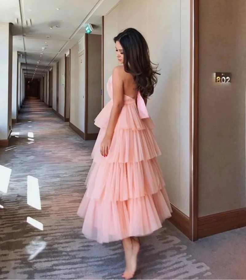 

Flora Dress Sweet A-Line Pink Tulle Sleeveless Porm Dresses Halter Layered Sexy Backless Evening Gowns فساتين للحفلات الراقصة