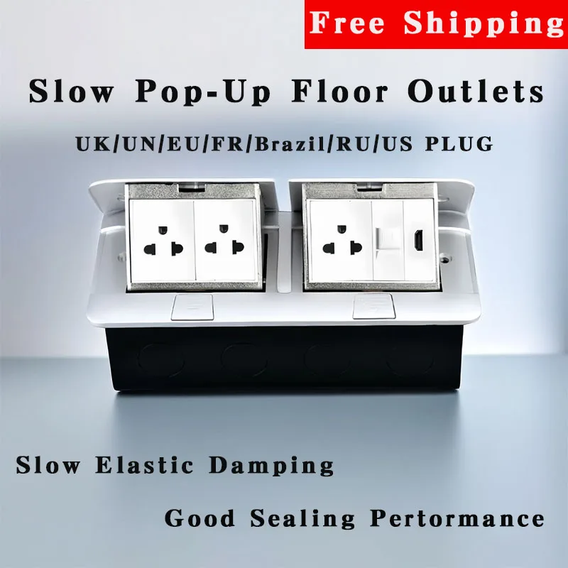 

146mmx220mm Slow Pop-Up Floor Outlets RU/US/EU/FR/UK/UN/Brazil Plug 220V Hidden Table Socket With USB Type-C RJ45 HDMI