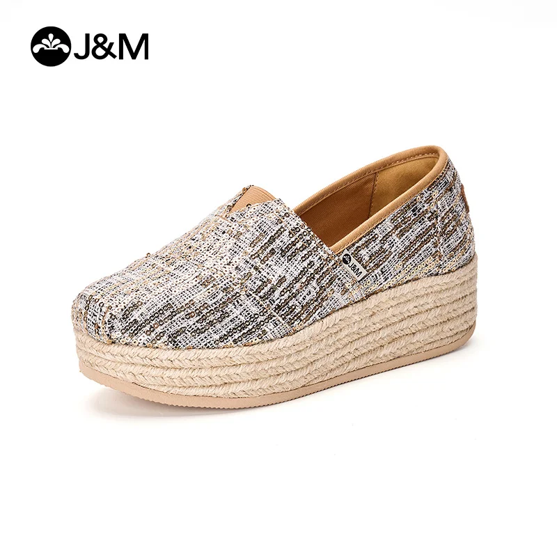 

J&M 2024 Fashion Wedges Women Loafers Fisherman Shoes Spring Summer Sequins Platform Espadrilles Slip-On Casual Shoes Sneaker