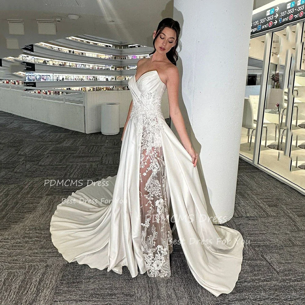 

Gorgeous Lace Mermaid Wedding Evening Dresses Appliques Sweetheart Pleated Bridal Gowns Side Slit Women Satin Luxury Bride Dress