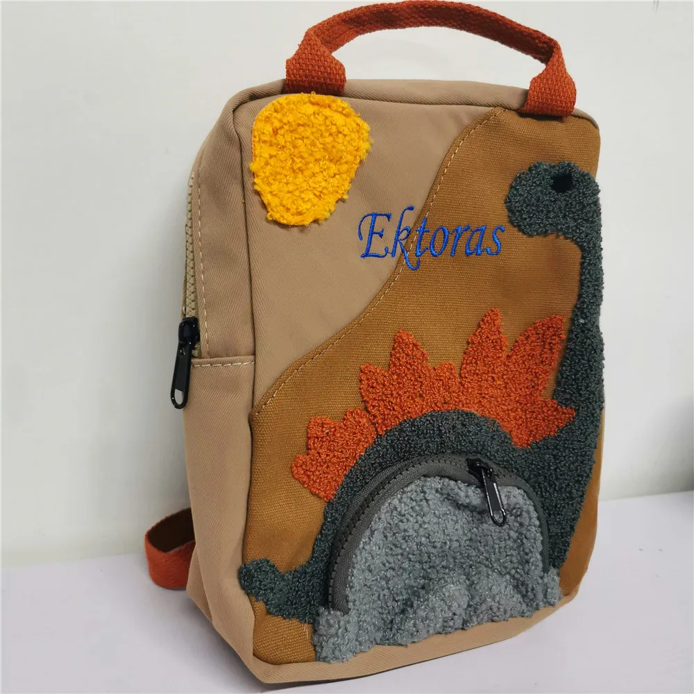 

New Custom Children's Canvas Kindergarten Cartoon Embroidered Name Small Dinosaur Animal Shaped Backpack Boys Girls Schoolbags