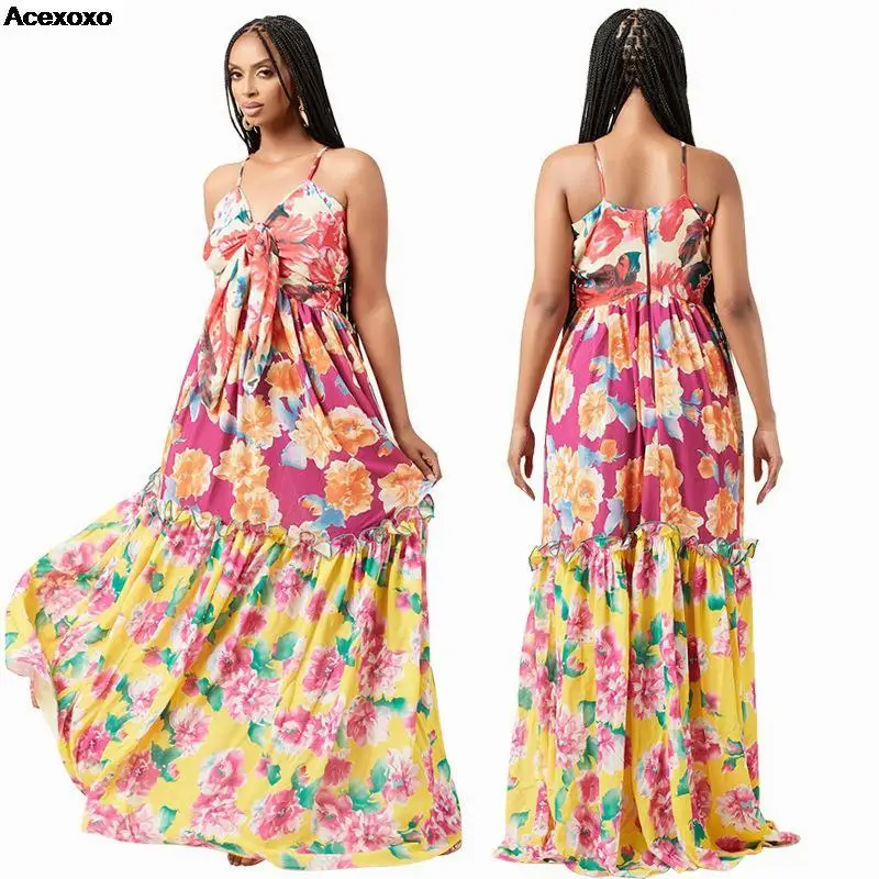 Summer new women's fashion casual French shoulder strap V-neck waist floral skirt
Summer new women's fashion casual French shoulder strap V-neck waist floral skirt
